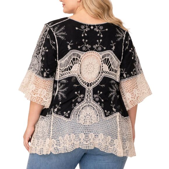 NWT Anthropologie Kindred 2X Black Ivory Embroidery Boho Kimono Cardigan Crochet - Picture 4 of 12